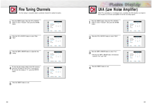 Page 3263
Fine Tuning ChannelsUse fine tuning to manually adjust a particular channel for optimal reception.
62
1
Press the MENU button. Press the UP or DOWN
button to select “Channel”, then press the ENTER 
button.
2 
Press the UP or DOWN button to select “Fine
Tune”.
3 
Press the LEFT or RIGHT button to adjust the fine 
tuning.
4
To store the fine tuning setting in the TV’s memory,
press the UP button.(A star iconwill appear.)
To reset the fine tuning to “0”, press the DOWN 
button.
5 
Press the MENU button...