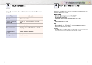 Page 4997
96
Troubleshooting
Problem
Poor picture.
Your Remote control does not
operate the PDP.
The PDP won’t turn on.
There is no screen image.
The image is too light or 
too dark. 
The image is too large or 
too small.Before you call a service technician, please scan this list of problems and possible solutions. It may save you
time and money.
Possible Solution
Check all wire connections.
Press the “Mode” button to put your remote control in the “TV”
mode.
Check if the power plug is connected. 
Check to see...