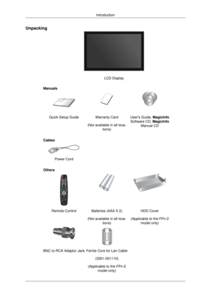 Page 10Unpacking
LCD Display
Manuals Quick Setup Guide Warranty Card
(Not available in all loca-tions) Users Guide, MagicInfo
Software CD, MagicInfo Manual CD
Cables  
 
Power Cord   
Others Remote Control Batteries (AAA X 2)
(Not available in all loca-tions) HDD Cover
(Applicable to the FPn-2 model only)  
BNC to RCA Adaptor Jack Ferrite Core for Lan Cable (3301-001110)
(Applicable to the FPn-2 model only)
Introduction 