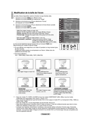 Page 118
français - 
Les tailles d'écran disponibles varient en fonction du type d'entré\
e vidéo.
Modification de la taille de l’écran
. Appuyez sur le bouton menu pour afficher le menu.  Appuyez sur le bouton enTer pour sélectionner “Image”.
.   
Appuyez sur les boutons ▲ ou ▼ pour sélectionner “Format”,  puis appuyez sur le bouton  enTer.
.  Appuyez sur les boutons ▲ ou ▼ pour sélectionner le format d'écran souhaité.  Appuyez sur le bouton enTer. Appuyez sur le bouton exIT...