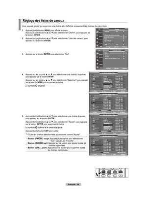 Page 129
français - 
réglage des listes de canaux
Vous pouvez ajouter ou supprimer une chaîne afin d'afficher uniquement les chaînes de votre choix.
.  
Appuyez sur le bouton menu pour afficher le menu. Appuyez sur les boutons ▲ ou ▼ pour sélectionner “Chaîne”, puis appuyez sur le bouton  enTer.
.   
Appuyez sur les boutons ▲ ou ▼ pour sélectionner “Liste des canaux”, puis 
appuyez sur le bouton  enTer.
.   
Appuyez sur le bouton  enTer
 pour sélectionner “Tout”.
4.   
Appuyez sur...