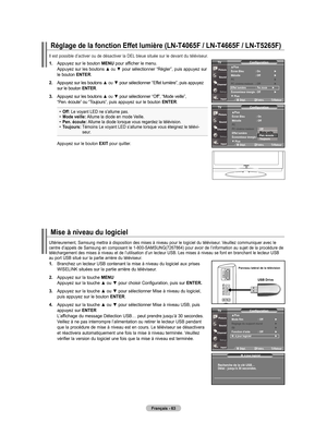 Page 153
français - 6
.    Branchez un lecteur USB contenant la mise à niveau du logiciel aux prises WISELINK situées sur la partie arrière du téléviseur.
.     Appuyez sur la touche 
menu Appuyez sur la touche ▲ ou ▼ pour choisir Configuration, puis sur  enTer.
.     Appuyez sur la touche ▲ ou ▼ pour sélectionner Mise à niveau du logiciel, 
puis appuyez sur le bouton  enTer.
4.    Appuyez sur la touche ▲ ou ▼ pour sélectionner Mise à niveau USB, puis appuyez sur  enTer L’affichage du message...