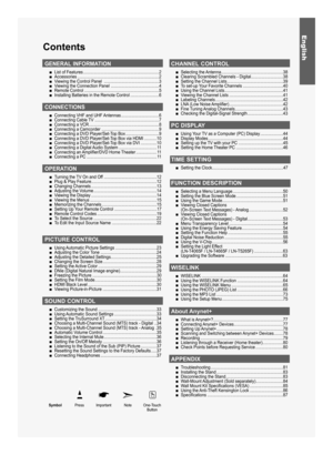 Page 3
English - 
Contents
English
GE n E ral Informat I on
List of Features  ..................................................................2Accessories  .......................................................................2Viewing the Control Panel    ................................................3Viewing the Connection Panel    ..........................................4Remote Control  .................................................................5Installing Batteries in the Remote Control...