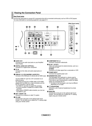 Page 6
English - 4
Viewing the Connection panel 
rear panel Jacks
Use the rear panel jacks to connect A/V components that will be connected continuously, such as VCR or DVD players.  For more information on connecting equipment, see pages 6-11.
1	audIo out 
  Connects to the audio input jacks on your Amplifier/ 
  Home theater. 
2 dIGItal  audIo  out (optICal)  
  Connects to a Digital Audio component.
3 pC In 
    Connects to the video and audio output jacks on  your PC.
4 hdmI In  ,, /dVI...