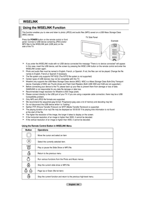 Page 66
English - 64
WISElInK
using the WISElInK function
This function enables you to view and listen to photo (JPEG) and audio files (MP3) saved on a USB Mass Storage Class(MSC) device.
Press the poWEr button on the remote control or frontpanel. Connect a USB device containing JPEG and/orMP3 files to the WISELINK jack (USB jack) on theside of the TV.
TV Side Panel
Example
using the  remote Control Button in WISE lIn K  menu 
Button operations
Move the cursor and select an item
Select the currently selected...