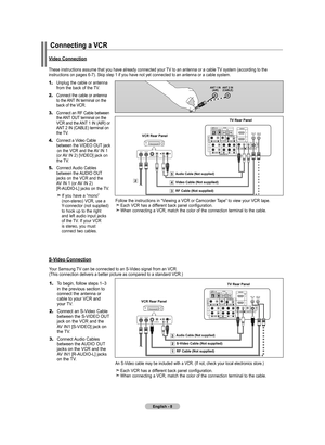 Page 10
English - 
Connecting a VCr
These instructions assume that you have already connected your TV to an antenna or a cable TV system (according to the instructions on pages 6-7). Skip step 1 if you have not yet connected t\
o an antenna or a cable system. 
1.	Unplug the cable or antenna  
    from the back of the TV.
2.	Connect the cable or antenna 
    to the ANT IN terminal on the 
    back of the VCR.
3.	Connect an RF Cable between   
    the ANT OUT terminal on the     
    VCR and the ANT 1 IN...