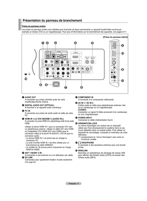 Page 94
français - 4
Présentation du panneau de branchement
Prises du panneau arrière
Les prises du panneau arrière sont utilisées pour brancher de faç\
on permanente un appareil Audio/Vidéo comme par exemple un lecteur DVD ou un magnétoscope. Pour plus d’information\
s sur le branchement des appareils, voir pages 6-11.
1	audIo ouT     A connecter aux prises d'entrée audio de votre 
amplificateur/home cinéma. 
2 dIgITal audIo  ouT (oPTICal)  
    À brancher à un appareil audio numérique.
3 PC In     A...