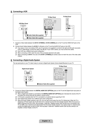 Page 11
English - 

Connecting a VCR
1. Connect a Video Cable between the AV IN 1 [Y/VIDEO] or AV IN 2 [VIDEO] jack on the TV and the VIDEO OUT jack on the VCR.
2. 
Connect Audio Cables between the AV IN (1 or 2) jacks on the TV and the AUDIO OUT jacks on the VCR.
If you have a ‘mono’ (non-stereo) VCR, use a Y-connector (not supplied) to connect to the right and left audio input jacks of the TV. Alternatively, connect the cable to the ‘R’ jack. If your VCR is stereo, you must connect two cables.
Each VCR...