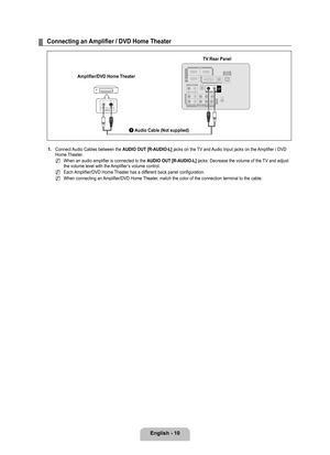 Page 12
English - 10

Connecting	an	Amplifier	/	DVD	Home	Theater
1. Connect Audio Cables between the AUDIO OUT [R-AUDIO-L] jacks on the TV and Audio Input jacks on the Amplifier / DVD Home Theater.
When an audio amplifier is connected to the AUDIO OUT [R-AUDIO-L] jacks: Decrease the volume of the TV and adjust the volume level with the Amplifier’s volume control. 
Each Amplifier/DVD Home Theater has a different back panel configuration.
When connecting an Amplifier/DVD Home Theater, match the color of the...