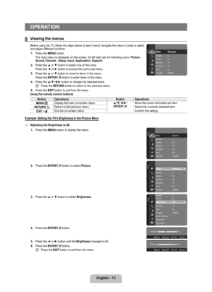 Page 15
English - 1

OPERATION
Viewing the menus
Before using the TV, follow the steps below to learn how to navigate the menu in order to select and adjust different functions.1. 
Press the MENU button.
The main menu is displayed on the screen. Its left side has the followin\
g icons: Picture, Sound, Channel , Setup, Input, Application, Support.
2. 
Press the ▲ or ▼ button to select one of the icons.
Press the ◄ or ► button to access the icon’s sub-menu.
. 
Press the ▲ or ▼ button to move to items in...