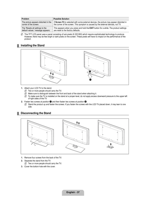 Page 39
English - 7

ProblemPossible Solution
The picture appears distorted in the corner of the screen.If Screen Fit is selected with some external devices, the picture may appear distorte\
d in the corner of the screen. This symptom is caused by the external devices, not TV.
The ‘Resets all settings to the default values.’ message appears.This appears when you press and hold the EXIT button for a while. The product settings are reset to the factory defaults.
This TFT LCD panel uses a panel consisting of...