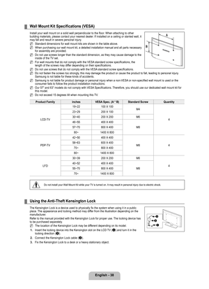 Page 40
English - 8

Wall	Mount	Kit	Specifications	(VESA)
Install your wall mount on a solid wall perpendicular to the floor. When attaching to other building materials, please contact your nearest dealer. If installed on a ceiling or slanted wall, it may fall and result in severe personal injury.
Standard dimensions for wall mount kits are shown in the table above.
When purchasing our wall mount kit, a detailed installation manual and a\
ll parts necessary for assembly are provided.
Do not use screws...