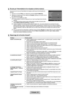 Page 84
Français - 

Écoute par l'intermédiaire d'un récepteur (cinéma maison)
Vous pouvez avoir le son par l'intermédiaire d'un récepteur, plutôt que par les haut-parleurs du téléviseur.1. 
Appuyez sur la touche TOOLS. pour sélectionner la fonction Anynet+ (HDMI-CEC).
2. 
Appuyez sur la touche ▲ ou ▼ pour sélectionner Récepteur. Appuyez sur la touche ◄ ou ► pour sélectionner On ou Off.
. 
Appuyez sur la touche EXIT pour quitter.
Si votre récepteur ne prend en charge que le son,...