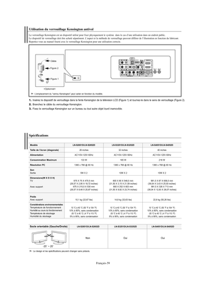 Page 121Français-59
1.Insérez le dispositif de verrouillage dans la fente Kensington de la télévision LCD (Figure 1) et tournez-le dans le sens de verrouillage (Figure 2).
2.Branchez le câble du verrouillage Kensington.
3.Fixez le verrouillage Kensington sur un bureau ou tout autre objet lourd inamovible.
Utilisation du verrouillage Kensington antivol
Le verrouillage Kensington est un dispositif utilisé pour fixer physiquement le système  dans le cas d’une utilisation dans un endroit public. 
Le dispositif de...