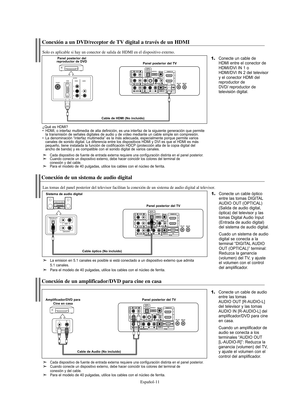 Page 133Español-11
Conexión a un DVD/receptor de TV digital a través de un HDMI
Solo es aplicable si hay un conector de salida de HDMI en el dispositivo externo.
1.Conecte un cable de
HDMI entre el conector de 
HDMI/DVI IN 1 o 
HDMI/DVI IN 2 del televisor 
y el conector HDMI del 
reproductor de 
DVD/ reproductor de 
televisión digital.Panel posterior del 
reproductor de DVD
Panel posterior del TV
Cable de HDMI (No incluido)
¿Qué es HDMI?  
• HDMI, o interfaz multimedia de alta definición, es una interfaz de la...