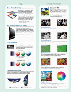 Page 3
DesignAdvanced Picture Quality
Gen-5 Plasma Technology
Samsung’s Gen-5 (fifth generation) Plasma
Display Panel (PDP) sets the benchmark 
for contrast and brightness. Its 10,000:1
contrast ratio and 1,300 cd/m
2brightness**
are among the highest in the industry.
It delivers deep, rich darks and bright whites.
Plus, 13-bit processing means it can display
549 billion colors. Samsung is also one of
the only brands that builds its own PDPs.
** HP-R6372: 3000:1 Contrast Ratio,  1000 cd/m2Brightness
Samsung’s...