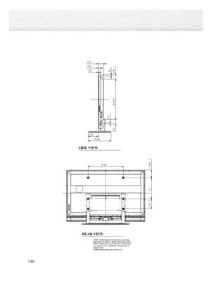 Page 146146


SIDE VIEW
REAR VIEW
NOTE : All drawings not necessarily to scale. Some
dimensions are subject to change without prior notice.
Refer to dimensions on each unit prior to performing
any carpentry. Not responsible for typographical or
printed errors.
©2005 Samsung Electronics America, Inc.
BN68-00825N-01Eng_0136~1475uu9/28/05uu9:27uAMuuPageu146 