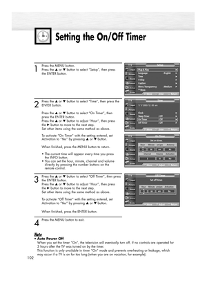 Page 1021
Press the MENU button. 
Press the ▲or ▼button to select “Setup”, then press 
the ENTER button.
2
Press the ▲or ▼button to select “Time”, then press the
ENTER button. 
Press the ▲or ▼button to select “On Timer”, then 
press the ENTER button.
Press the ▲or ▼button to adjust “Hour”, then press 
the √button to move to the next step.
Set other items using the same method as above. 
To activate “On Timer” with the setting entered, set 
Activation to “Yes” by pressing …or † button.
When finished, press the...