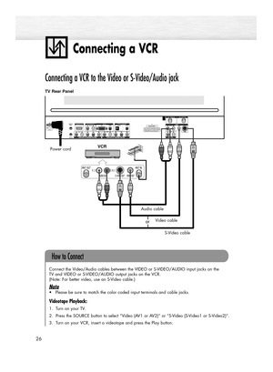 Page 26Connecting a VCR 
26
Connecting a VCR to the Video or S-Video/Audio jack
Connect the Video/Audio cables between the VIDEO or S-VIDEO/AUDIO input jacks on the 
TV and VIDEO or S-VIDEO/AUDIO output jacks on the VCR. 
(Note: For better video, use an S-Video cable.)
Note
•Please be sure to match the color coded input terminals and cable jacks.
Videotape Playback:
1. Turn on your TV.
2. Press the SOURCE button to select “Video (AV1 or AV2)” or “S-Video (S-Video1 or S-Video2)”.
3. Turn on your VCR, insert a...