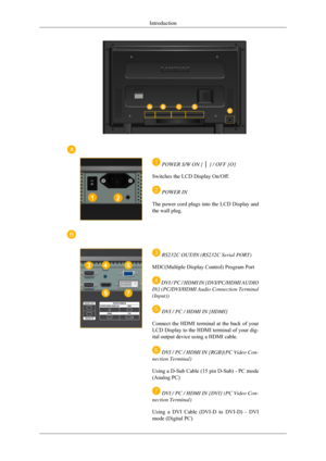 Page 12 POWER S/W ON [ │ ] / OFF [O]
Switches the LCD Display On/Off.  POWER IN
The power cord plugs into the LCD Display and
the wall plug.  
 RS232C OUT/IN (RS232C Serial PORT)
MDC(Multiple Display Control) Program Port  DVI / PC / HDMI IN [DVI/PC/HDMI AUDIO
IN] (PC/DVI/HDMI Audio Connection Terminal
(Input))  DVI / PC / HDMI IN [HDMI]
Connect the HDMI terminal at the back of your
LCD Display to the HDMI terminal of your dig-
ital output device using a HDMI cable.  DVI / PC / HDMI IN [RGB](PC Video Con-...