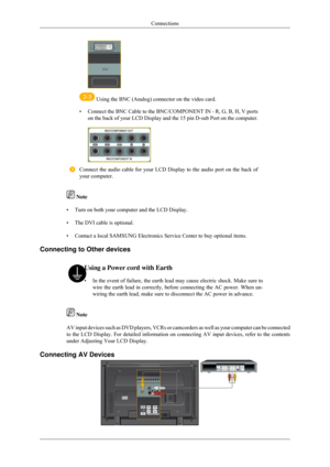 Page 24 
 Using the BNC (Analog) connector on the video card.
• Connect the BNC Cable to the BNC/COMPONENT IN - R, G, B, H, V ports
on the back of your LCD Display and the 15 pin D-sub Port on the compute\
r. Connect the audio cable for your LCD Display to the audio port on the ba\
ck of
your computer.
 Note
• Turn on both your computer and the LCD Display.
• The DVI cable is optional.
• Contact a local SAMSUNG Electronics Service Center to buy optional items.
Connecting to Other devices Using a Power cord with...