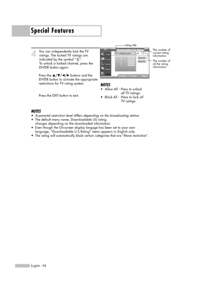 Page 98Special Features
English - 98
4
You can independently lock the TV 
ratings. The locked TV ratings are
indicated by the symbol “ ”. 
To unlock a locked channel, press the
ENTER button again.
Press the …/†/œ/√ buttons and the
ENTER button to activate the appropriate
restrictions for TV rating system.
Press the EXIT button to exit.
NOTES
•Aparental restriction level differs depending on the broadcasting station. 
•The default menu name, Downloadable US rating
changes depending on the downloaded...