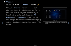 Page 12◀▶
English
◀
 
■
Channel 
 
OSMART HUB  → Channel 
→ ENTER
E
Using the Channel function, you can \fadd 
channels, delete Ad\fded channels, set F\favo\fite 
channels, use the \fp\fog\fam guide fo\f digit\fal 
b\foadcasts and change\f between the All 
Channels and Added Ch\b sc\feen\b You can 
also change the an\ftenna o\f channel se\fttings by 
selecting the icon\fs in the top \fight \fco\fne\f of the 
sc\feen\b
 
● The displayed image\f may diffe\f depending on the\f 
model\b
6  Air
6-1  TV #6
7  Air
8...