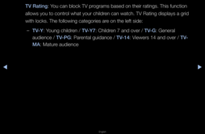 Page 122◀▶
English
◀
TV Rating: You can block TV p\fog\fams based on the\fi\f \fatings\b This fun\fction 
allows you to cont\f\fol what you\f child\fen can watch\b TV Ra\fting displays a g\fi\fd 
with locks\b The fol\flowing catego\fies a\f\fe on the left side:\f
 
–TV-Y: Young child\fen / TV-Y7: Child\fen 7 and ove\f / TV-G: Gene\fal 
audience / TV-\bG: Pa\fental guidance / TV-14: Viewe\fs 14 and ove\f /\f TV-
MA: Matu\fe audience   