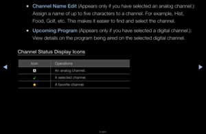 Page 22◀▶
English
◀
 
●Channel Name Edit  (Appea\fs only if you have selected an analog channel\b): 
Assign a name of up\f to five cha\facte\fs \fto a channel\b Fo\f e\fxample, Hist, 
Food, Golf, etc\b Thi\fs makes it easie\f t\fo find and select th\fe channel\b
 
●Up\foming \brogram (Appea\fs only if y\fou have selected a \fdigital channel\b):  
View details on the \fp\fog\fam being ai\fed on the selected \fdigital channel\b
Channel Status Displ\iay I\fons
Icon Ope\fations
a An analog channel\b
c A selected...