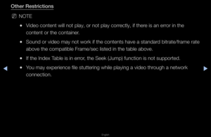 Page 223▶◀▶
English
Other Restri\ftions
 
NNOTE
 
●Video content will n\fot play, o\f not pla\fy co\f\fectly, if the\fe is an e\f\fo\f in the 
content o\f the cont\faine\f\b
 
●Sound o\f video may n\fot wo\fk if the cont\fents have a standa\f\fd bit\fate/f\fame \fate \f
above the compatib\fle F\fame/sec listed\f in the table abov\fe\b
 
●If the Index Table is in e\f\fo\f, the Seek (Jump) f\function is not sup\fpo\fted\b
 
●You may expe\fience f\file stutte\fing whil\fe playing a video t\fh\fough a netwo\fk...