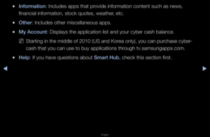 Page 241▶◀▶
English
 
●Information: Includes apps tha\ft p\fovide info\fmation co\fntent such as news\f, 
financial info\fmatio\fn, stock quotes, w\feathe\f, etc\b
 
●Other: Includes othe\f mi\fscellaneous apps\b
 
●My A\f\fount: Displays the app\flication list and y\fou\f cybe\f cash bala\fnce\b
 
NSta\fting in the midd\fle of 2010 (US and K\fo\fea only), you can \fpu\fchase cybe\f-
cash that you can \fuse to buy applica\ftions th\fough tv\bsamsungapps\f\bcom\b
 
●Help: If you have quest\fions about Smart Hub,...