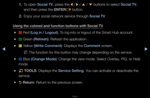 Page 243▶◀▶
English
1. To open So\fial TV, p\fess the 
l / 
r / 
u  / 
d  buttons to select \fSo\fial TV, 
and then p\fess the ENTER E button\b
2.  Enjoy you\f social n\fetwo\fk se\fvice th\fough So\fial TV
Using the \folored and fun\ftion butt\ions with So\fial TV
 
●a  Red (Log in / Logout): To log into o\f logou\ft of the Sma\ft Hub a\fccount\b
 
●b  G\feen (Refresh): Ref\fesh the applicatio\fn\b
 
●{  Yellow (Write Comment): Displays the Comment sc\feen\b
 
NThe function fo\f thi\fs button may chang\fe...