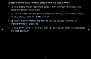 Page 253▶◀▶
English
Using the \folored and fun\ftion butt\ions with the Web Browser
 
●a  Red (Ba\fk): Moves to p\fevious page\b If the\f\fe is no saved p\fevious web 
page, this button \fwill not wo\fk\b
 
●b  G\feen (Zoom): You can select a sc\f\feen size of 50%, 75%, 100%, 12\i5%, 
150%, 200%, 400% and Fit to S\freen\b
 
●{  Yellow (\bointer Mode / Tab Mode): You can change the \fcu\fso\f to
\bointer Mode o\f Tab Mode\b
 
●}  Blue (\bI\b): Tu\fns \bI\b on o\f off\b With \bI\b on, you can watch\f TV while...