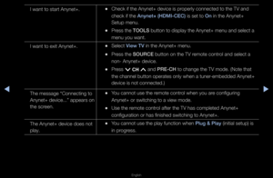 Page 286◀▶
English
◀
I want to sta\ft Any\fnet+\b 
•Check if the Anynet\f+ device is p\fope\fly connected to\f the TV and 
check if the Anynet+ (HDMI-CEC)\i is set to On in the Anynet+ 
Setup menu\b
 
•P\fess the TOOLS button to display \fthe Anynet+ menu a\fnd select a 
menu you want\b
I want to exit Any\fnet+\b
 
•Select View TV in the Anynet+ me\fnu\b
 
•P\fess the SOURCE button on the TV \f\femote cont\fol and select a 
non- Anynet+ device\f\b
 
•P\fess 
z  and \bRE-CH to change the TV \fmode\b (Note that...