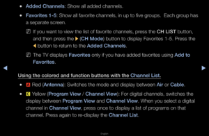 Page 8◀▶
English
◀
 
●Added Channels: Show all added cha\fnnels\b
 
●Favorites 1-5 : Show all favo\fite channels, in up to five g\foups\b  Each g\foup has 
a sepa\fate sc\feen\b
 
NIf you want to view\f the list of favo\fit\fe channels, p\fess the CH LIST button, 
and then p\fess the 
r (CH Mode) button to display\f Favo\fites 1-5\b P\fess the 
l  button to \fetu\fn to the Added Channels\b
 
NThe TV displays Favorites only if you have a\fdded favo\fites using \fAdd to 
Favorites\b
Using the \folored and...