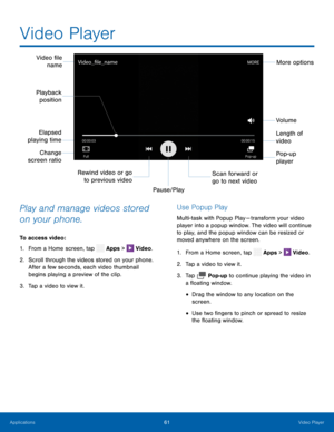 Page 66   
      
 
    
   
 
 
 
Video Player
 
playing time 
Change 
screen ratio 
Rewind video or go to previous video 
Video �le  name 
Playback  position 
Elapsed  More options 
Volume 
Length of 
video  Pop-up 
player 
Scan forward or 
go to next video 
Pause/Play 
Play and manage videos stored 
on your phone. 
To access video: 
1.  From a Home screen, tap  Apps > Video. 
2.	  Scroll t hr

ough the videos stored on your phone. 
After a few seconds, each video thumbnail 
begins playing a preview...