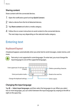 Page 28Basics
28
Sharing content
Share content with the connected devices.
1 Open the notification panel and tap Quick Connect.
2 Select a device from the list of detected devices.
3 Tap Share content and select a media category.
4 Follow the on-screen instructions to send content to the connected device.
The next steps may vary depending on the selected media category.
Entering text
Keyboard layout
A keyboard appears automatically when you enter text to send messages, create memos, and 
more.
Text entry is not...