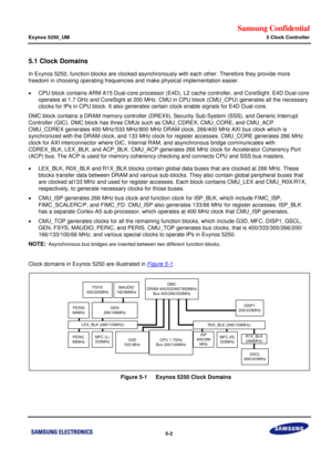 Page 368Samsung Confidential  
Exynos 5250_UM 5 Clock Controller 
 5-2  
5.1 Clock Domains 
In Exynos 5250, function blocks are clocked asynchronously with each other. Therefore they provide more 
freedom in choosing operating frequencies and make physical implementation easier. 
 CPU block contains ARM A15 Dual-core processor (E4D), L2 cache controller, and CoreSight. E4D Dual-core 
operates at 1.7 GHz and CoreSight at 200 MHz. CMU in CPU block (CMU_CPU) generates all the necessary 
clocks for IPs in CPU...