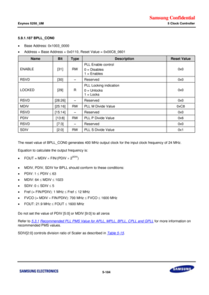 Page 550Samsung Confidential  
Exynos 5250_UM 5 Clock Controller 
 5-184  
5.9.1.187 BPLL_CON0 
 Base Address: 0x1003_0000 
 Address = Base Address + 0x0110, Reset Value = 0x00C8_0601 
Name Bit Type Description Reset Value 
ENABLE [31] RW 
PLL Enable control 
0 = Disables 
1 = Enables 
0x0 
RSVD [30] –=Reserved=0x0=
LOCKED=[29]=o=
PLL Locking indication=
0 = Unlocks=
1 = Locks=
0x0=
RSVD=[28:26]=–=Reserved=0x0=
MDIV=[25:16]=RW=PLL M Divide Value=0xC8=
RSVD=[15:14]=–=Reserved=0x0=
PDIV=[13:8]=RW=PLL P Divide...