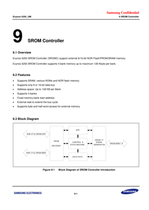 Page 635Samsung Confidential  
Exynos 5250_UM 9 SROM Controller 
 9-1  
9 SROM Controller 
9.1 Overview 
Exynos 5250 SROM Controller (SROMC) support external 8/16-bit NOR Flash/PROM/SRAM memory. 
Exynos 5250 SROM Controller supports 4-bank memory up to maximum 128 Kbyte per bank. 
 
9.2 Features 
 Supports SRAM, various ROMs and NOR flash memory 
 Supports only 8 or 16-bit data bus 
 Address space: Up to 128 KB per Bank 
 Supports 4 banks. 
 Fixed memory bank start address 
 External wait to extend the bus...