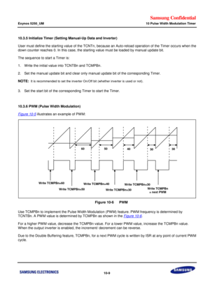 Page 653Samsung Confidential  
Exynos 5250_UM 10 Pulse Width Modulation Timer 
 10-9  
10.3.5 Initialize Timer (Setting Manual-Up Data and Inverter) 
User must define the starting value of the TCNTn, because an Auto-reload operation of the Timer occurs when the 
down counter reaches 0. In this case, the starting value must be loaded by manual update bit.  
The sequence to start a Timer is: 
1. Write the initial value into TCNTBn and TCMPBn. 
2. Set the manual update bit and clear only manual update bit of the...