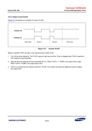 Page 654Samsung Confidential  
Exynos 5250_UM 10 Pulse Width Modulation Timer 
 10-10  
10.3.7 Output Level Control 
Figure 10-7 illustrates an example of inverter On/Off: 
 
    Figure 10-7   Inverter On/Off 
Steps to maintain TOUT as high or low (assume that inverter is off): 
1. Turn-off the Auto-reload bit. The TOUTn goes to high level and the Timer is stopped after TCNTn reaches 0.  
 This method is recommended. 
2. Stop the timer by clearing the timer start/stop bit to 0. When TCNTn TCMPn, the output level...