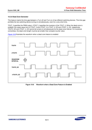 Page 655Samsung Confidential  
Exynos 5250_UM 10 Pulse Width Modulation Timer 
 10-11  
10.3.8 Dead Zone Generator 
This feature inserts the time gap between a Turn-off and Turn-on of two different switching devices. This time gap 
prohibits the two switching device turning on simultaneously, even for a very short time. 
TOUT_0 specifies the PWM output. nTOUT_0 specifies the inversion of the TOUT_0. When the dead-zone is 
enabled, the output wave-form of TOUT_0 and nTOUT_0 is TOUT_0_DZ and nTOUT_0_DZ,...