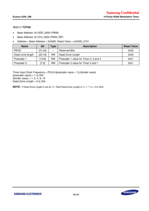 Page 658Samsung Confidential  
Exynos 5250_UM 10 Pulse Width Modulation Timer 
 10-14  
10.5.1.1 TCFG0  
 Base Address: 0x12DD_0000 (PWM) 
 Base Address: 0x1316_0000 (PWM_ISP) 
 Address = Base Address + 0x0000, Reset Value = 0x0000_0101 
Name Bit  Type Description Reset Value 
RSVD [31:24] –=Reserved Bits=0x00=
Dead zone length=[23:16]=RW=Dead Zone Length==0x00=
Prescaler 1=[15:8]=RW=Prescaler 1=value for Timer=2, 3=and=4=0x01=
Prescaler 0=[7:0]=RW=Prescaler 0=value for Timer 0=and=1=0x01=
=
Timer fnput=Clock...