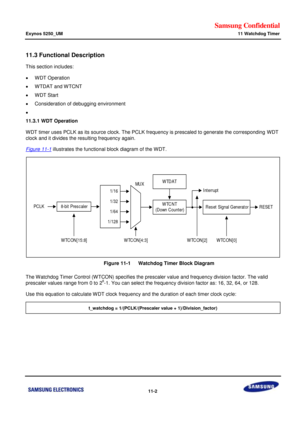 Page 669Samsung Confidential  
Exynos 5250_UM 11 Watchdog Timer 
 11-2  
11.3 Functional Description 
This section includes: 
 WDT Operation 
 WTDAT and WTCNT 
 WDT Start 
 Consideration of debugging environment 
  
11.3.1 WDT Operation 
WDT timer uses PCLK as its source clock. The PCLK frequency is prescaled to generate the corresponding WDT 
clock and it divides the resulting frequency again.  
Figure 11-1 illustrates the functional block diagram of the WDT. 
 
    Figure 11-1   Watchdog Timer Block...