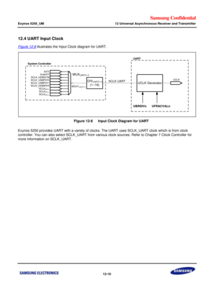 Page 683Samsung Confidential  
Exynos 5250_UM 12 Universal Asynchronous Receiver and Transmitter 
 12-10  
12.4 UART Input Clock  
Figure 12-8 illustrates the Input Clock diagram for UART. 
 
  
    Figure 12-8   Input Clock Diagram for UART 
Exynos 5250 provides UART with a variety of clocks. The UART uses SCLK_UART clock which is from clock 
controller. You can also select SCLK_UART from various clock sources. Refer to Chapter 7 Clock Controller for 
more information on SCLK_UART. 
 System Controller...