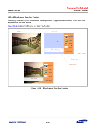 Page 778Samsung Confidential  
Exynos 5250_UM 15 Display Controller 
 15-36  
15.3.6.5 Blending and Color-Key Function 
The display controller supports simultaneous blending function. It supports two transparency factors and Color 
Key function in the same window.  
Figure 15-13 illustrates the Blending and Color Key function. 
 
    Figure 15-13   Blending and Color-Key Function 
 
 Window 1Window 0
Sub - menu
Chroma-key
Alpha 0 (50%)
Alpha 1 (100%)
Sub - menu
Sub - menu
Main Menu
Camera
Mail
Memo
08:23
Main...