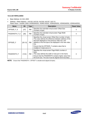 Page 829Samsung Confidential  
Exynos 5250_UM 15 Display Controller 
 15-87  
15.5.2.29 VIDWxxADD2 
 Base Address: 0x1440_0000 
 Address = Base Address + 0x0100, 0x0104, 0x0108, 0x010C, 0x0110, 
Reset Value = 0x0000_0000 (VIDW00ADD2, VIDW01ADD2, VIDW 02ADD2, VIDW03ADD2, VIDW04ADD2) 
Name Bit Type Description Reset Value 
OFFSIZE_F_E [27] RW Specifies the extended virtual screen Offset Size 
(number of byte). 0 
PAGEWIDTH_F_E [26] RW Specifies the extended virtual screen Page W idth 
(number of byte). 0...