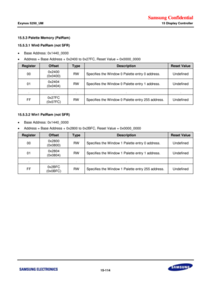 Page 856Samsung Confidential  
Exynos 5250_UM 15 Display Controller 
 15-114  
15.5.3 Palette Memory (PalRam) 
15.5.3.1 Win0 PalRam (not SFR) 
 Base Address: 0x1440_0000 
 Address = Base Address + 0x2400 to 0x27FC, Reset Value = 0x0000_0000 
Register Offset Type Description Reset Value 
00 0x2400 
(0x0400) RW Specifies the Window 0 Palette entry 0 address. Undefined 
01 0x2404 
(0x0404) RW Specifies the Window 0 Palette entry 1 address. Undefined 
: : : : : 
FF 0x27FC 
(0x07FC) RW Specifies the Window 0...