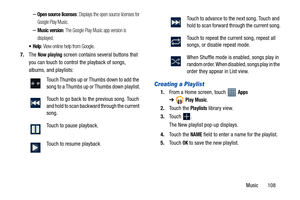 Page 113Music       108
–Open source licenses: Displays the open source licenses for 
Google Play Music.
–Music version: The Google Play Music app version is 
displayed.
: View online help from Google.
7.The Now playing screen contains several buttons that 
you can touch to control the playback of songs, 
albums, and playlists:
Creating a Playlist
1.From a Home screen, touch   Apps 
➔
Play Music.
2.To u c h  t h e  
Playlists library view.
3.To u c h
 .
The New playlist pop-up displays.
4.To u c h  t h e  
NAME...